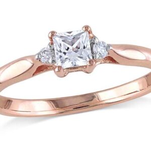1/4 Carat (ctw) Princess-Cut Created White Sapphire Promise Ring with Diamonds in Rose Plated Sterling Silver