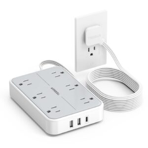10ft Flat Plug Extension Cord Indoor, TESSAN Surge Protector Power Bar with 3 USB (1 USB C), Power Strip with 6 Widely Spaced Outlets, Charging Station Wall Mount for Home...