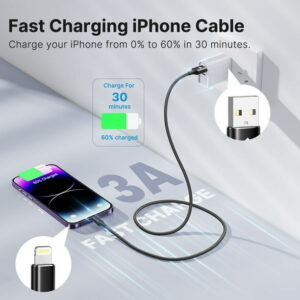 10FT iPhone Charger, XUDUO 3 Pack iPhone Cables Nylon Braided 3A Fast Charging Cord Compatible with iPhone 14 13 12 11, Black