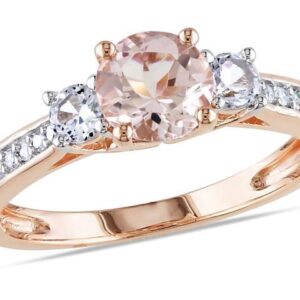 1.20 Carat (ctw) Morganite & Lab-Created White Sapphire Three Stone Ring with Diamonds in 10K Rose Pink Gold