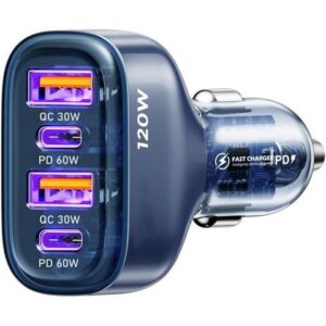120W USB C Fast Car Charger, 4-Ports Car Charger Adapter, Dual Type C PD 60W/PPS 60W Compatible with iPhone14/13 Pro/Max/12/Galaxy S23, Dual USB-A 18W