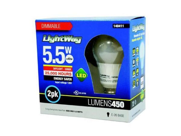 140411 - BULB LED A19 E26 DAY LIGHT 5.5W DIMMABLE 120V REPLACES 40W (2 pcs/pkg) 140411 - BULB LED A19 E26 DAY LIGHT 5.5W DIMMABLE 120V REPLACES 40W (2 pcs/pkg)
