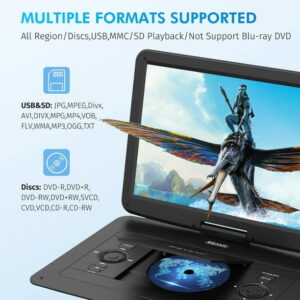 17.9" Portable DVD Player with 15.6" Large HD Screen, 6 Hours Rechargeable Battery, Support FM Transmitter, Sync TV, USB, SD Card and Multiple Disc Formats, Dual Speaker, Remote...