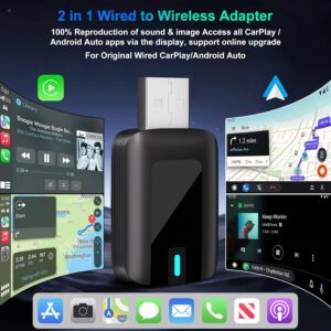 2 in 1 Wireless Carplay Adapter, Plug & Play Magic link Carplay Stable Fast Connection, Convert Factory Wired to Wireless Carplay Dongle/Android Auto Adapter for Cars 2016+,...