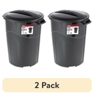 (2 pack) Hyper Tough 32 Gallon Heavy Duty Plastic Garbage Can, Included Lid, Indoor/Outdoor, Black