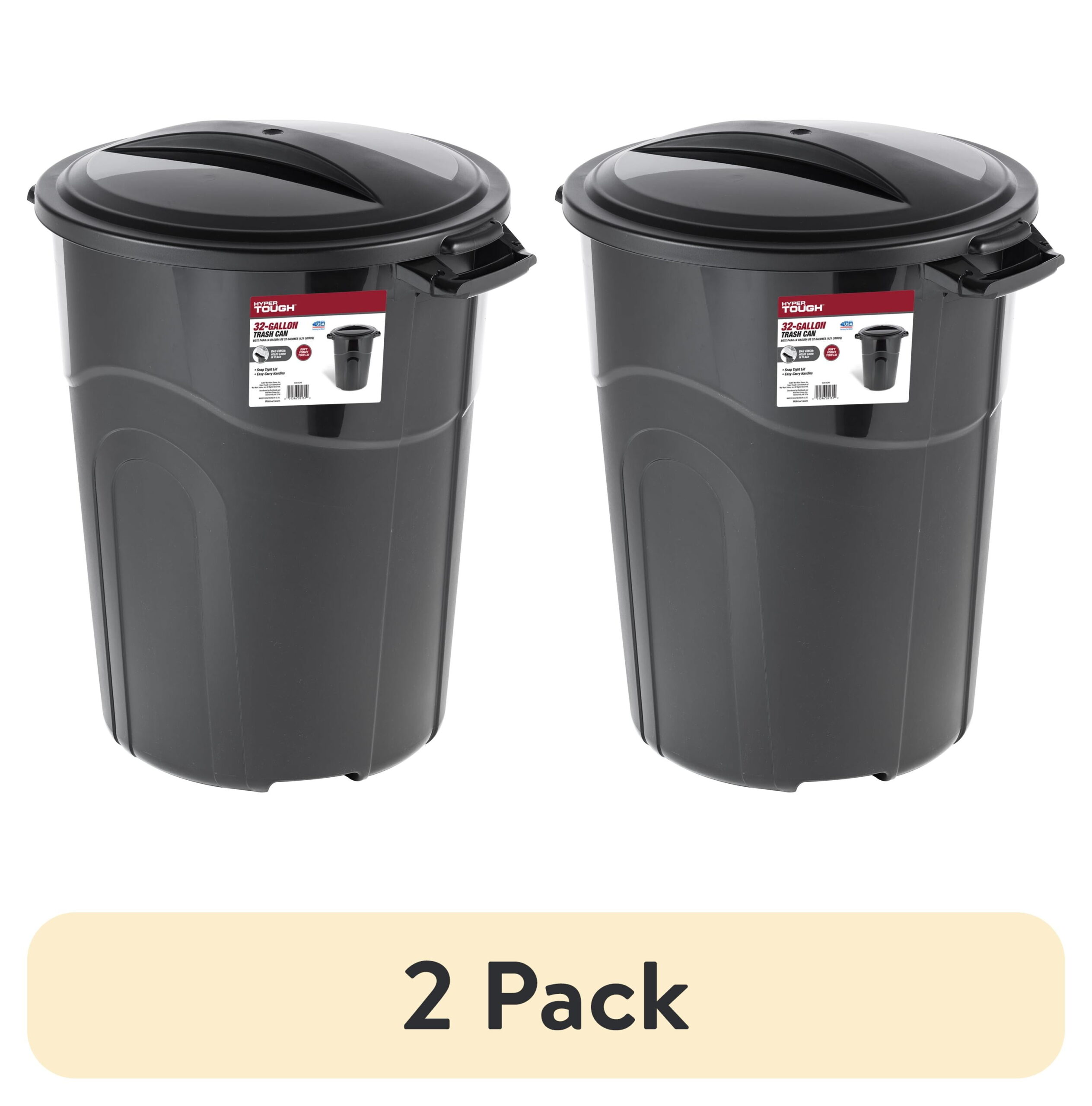 (2 pack) Hyper Tough 32 Gallon Heavy Duty Plastic Garbage Can, Included Lid, Indoor/Outdoor, Black