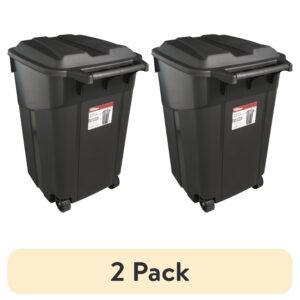 (2 pack) Hyper Tough 45 Gallon Wheeled Heavy Duty Plastic Garbage Can, Attached Lid, Black