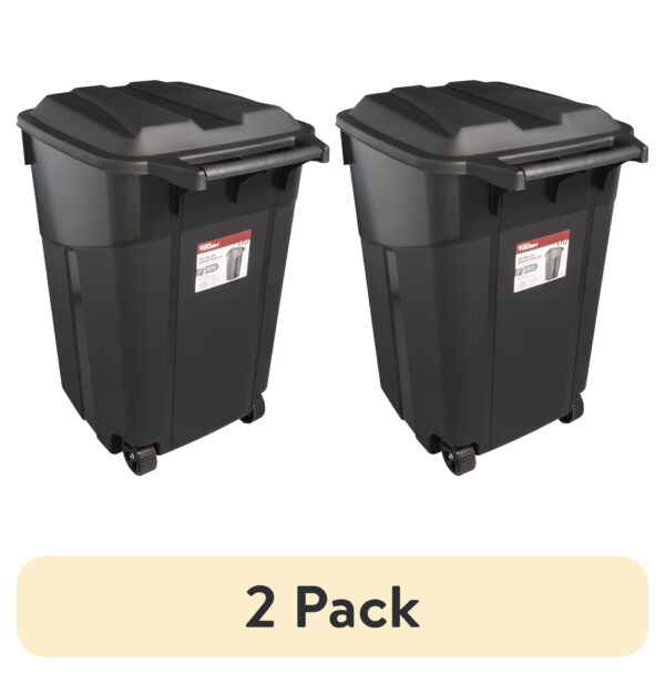 (2 pack) Hyper Tough 45 Gallon Wheeled Heavy Duty Plastic Garbage Can, Attached Lid, Black (2 pack) Hyper Tough 45 Gallon Wheeled Heavy Duty Plastic Garbage Can, Attached Lid, Black