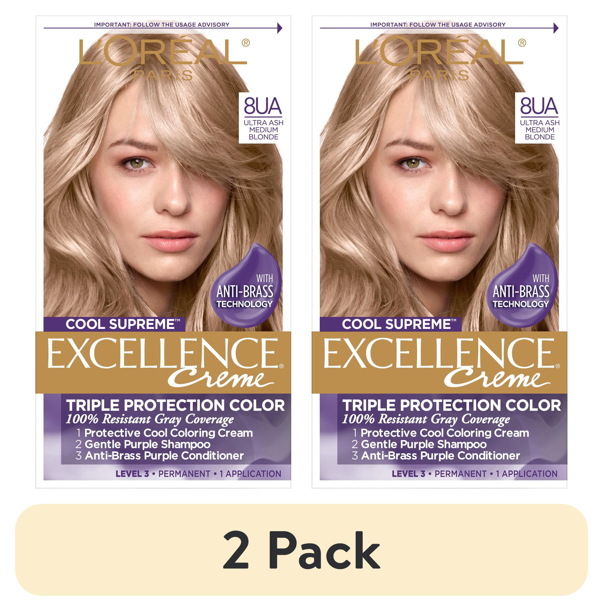 (2 pack) L'Oreal Paris Excellence Cool Supreme Permanent Hair Color, Ultra Ash Medium Blonde, 1 kit