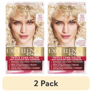 (2 pack) L'Oreal Paris Excellence Creme Permanent Hair Color, Triple Care, 10 Lightest Ultimate Blonde, 1 kit
