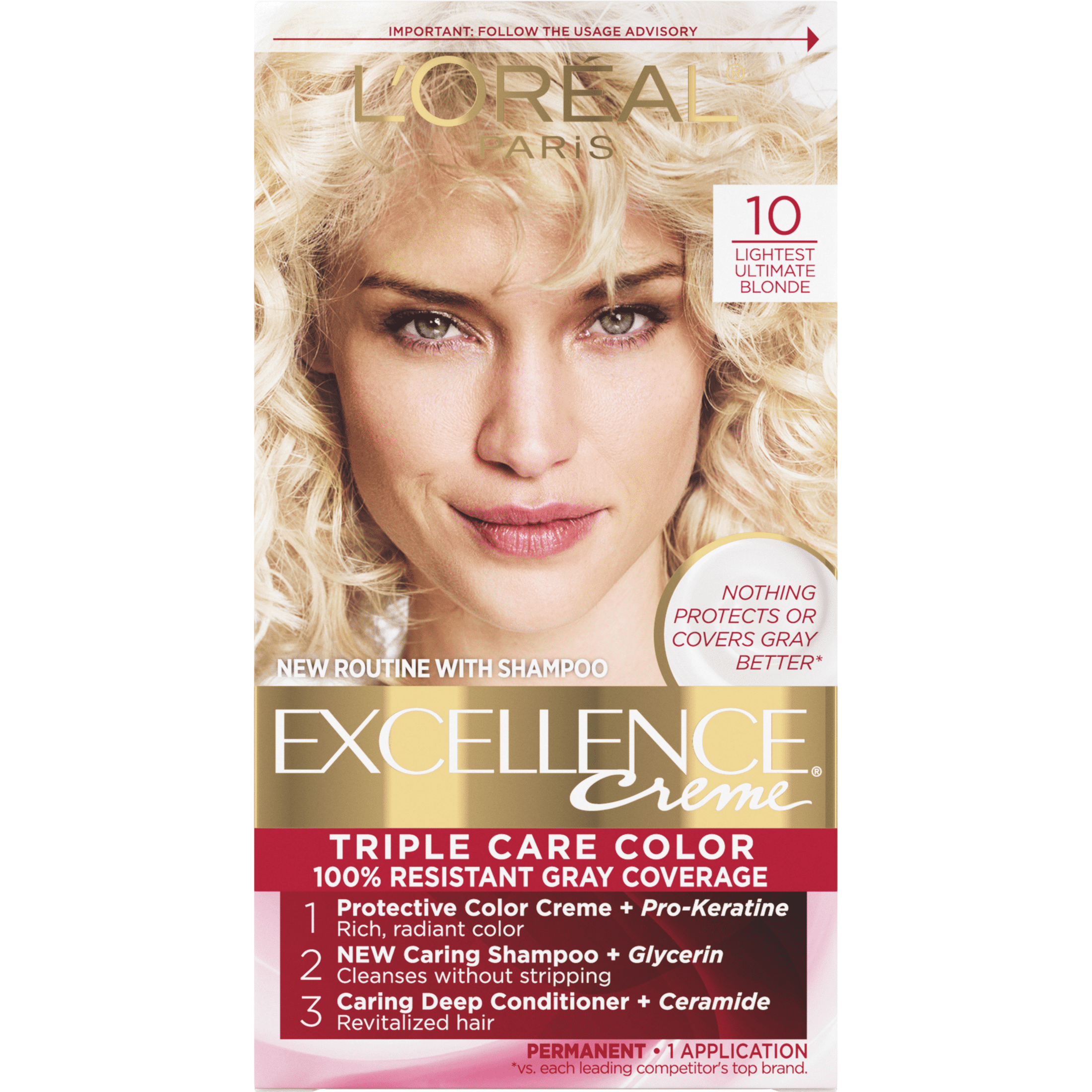 (2 pack) L'Oreal Paris Excellence Creme Permanent Hair Color, Triple Care, 10 Lightest Ultimate Blonde, 1 kit