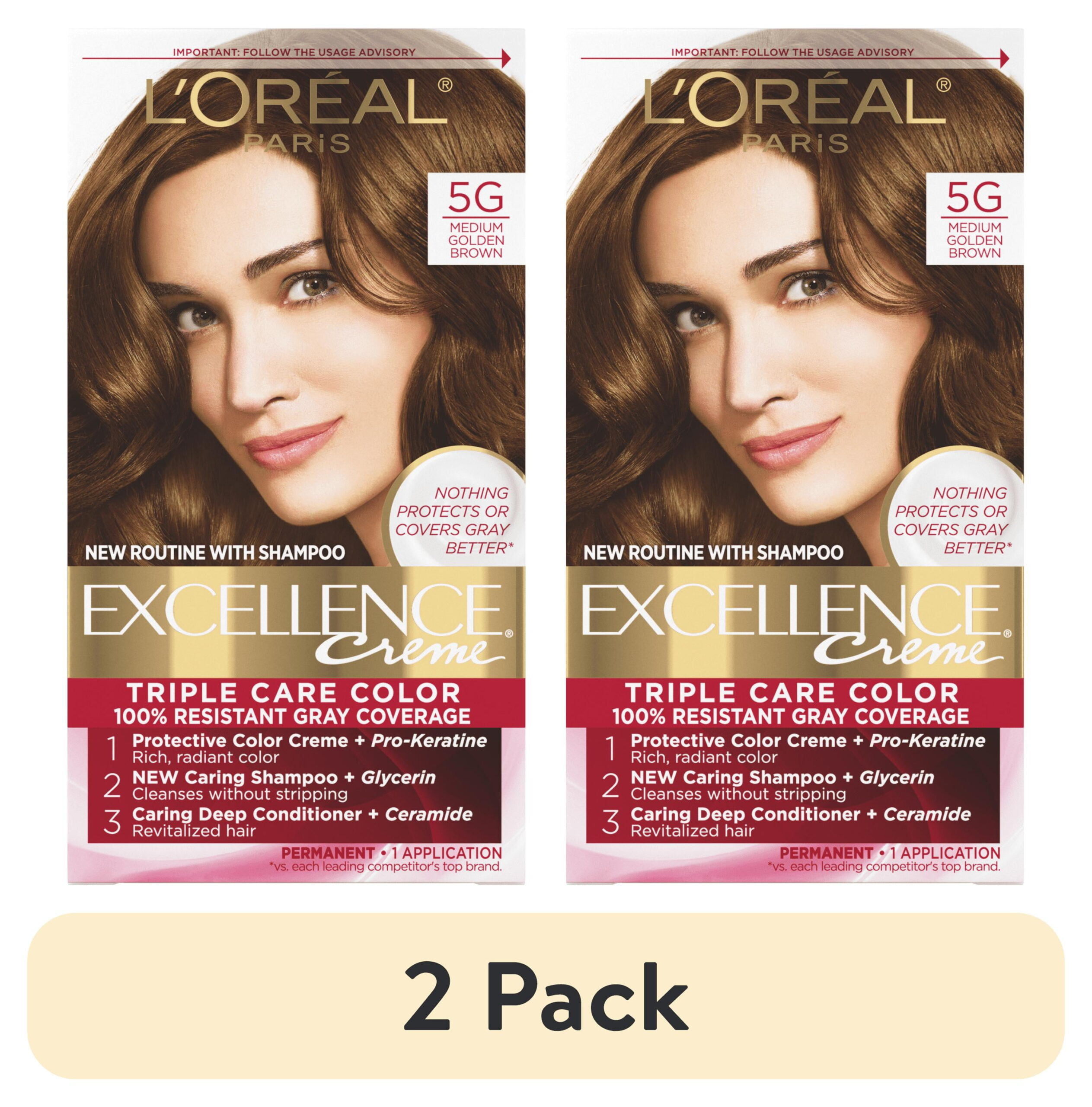 (2 pack) L'Oreal Paris Excellence Creme Permanent Triple Care Hair Color, Medium Golden Brown, 1 Kit