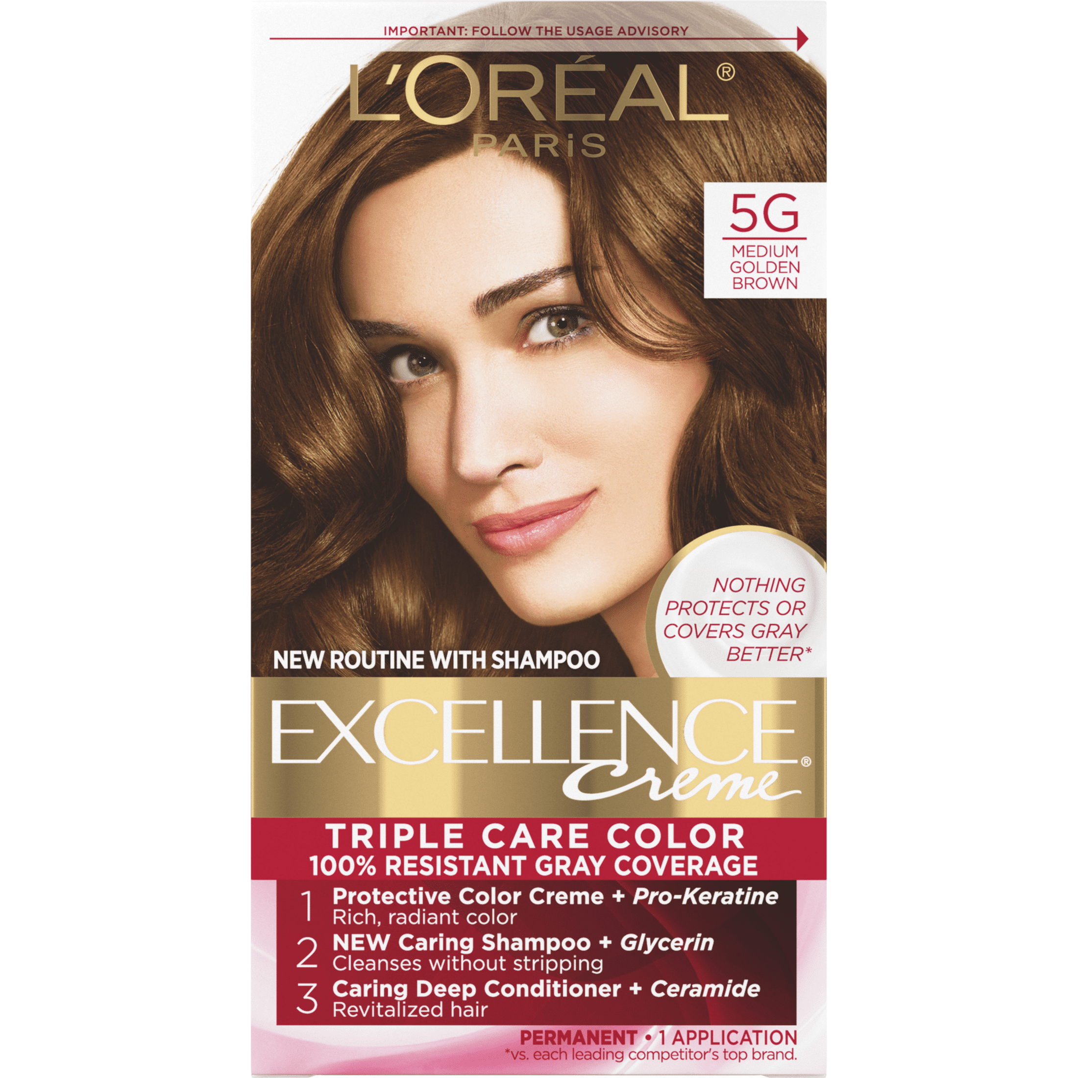 (2 pack) L'Oreal Paris Excellence Creme Permanent Triple Care Hair Color, Medium Golden Brown, 1 Kit