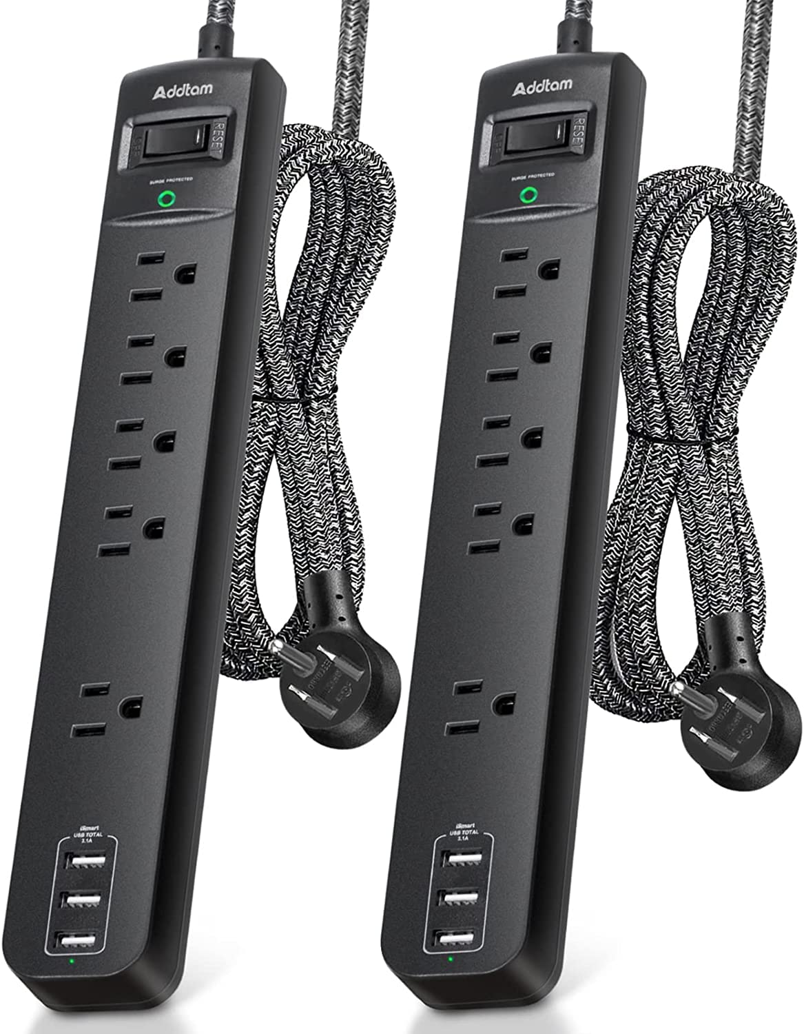 2 Pack Power Bar Surge Protector - 5 Widely Spaced Outlets 3 USB Charging Ports, 1875W/15A with 6Ft Braided Extension Cord, Flat Plug, Overload Surge Protection, Wall Mount for...
