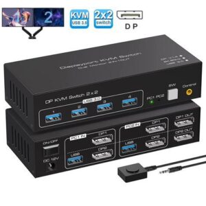 2 Port Dual Monitor Displayport KVM Switch for 2 Computers 2 Monitors Share Keyboard Mouse Printer, Displayport1.4 USB3.0 KVM Switch Support 4K
