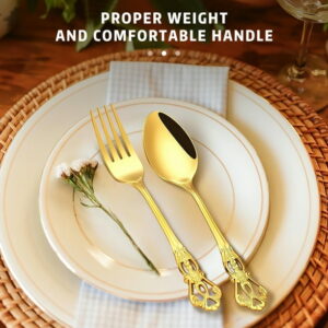 20-Pieces Silverware Set, Retro Royal Flatware Set for 4, Stainless Steel Mirror Cutlery Set, Include Forks Spoons and Knives set, Dishwasher Safe, Gold