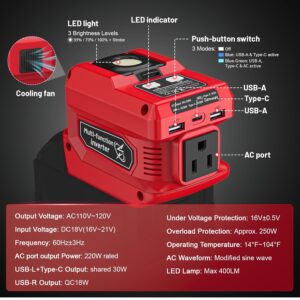 220W Power Inverter Compatible with Milwaukee 18V Battery, DC 18V to AC 110V Portable Power Station with 1 AC Outlet, 2 USB Ports & 1 Type-C Fast Charging, 400LM LED Work Light