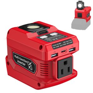 220W Power Inverter Compatible with Milwaukee 18V Battery, DC 18V to AC 110V Portable Power Station with 1 AC Outlet, 2 USB Ports & 1 Type-C Fast Charging, 400LM LED Work Light