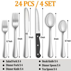 24 Pcs Silverware Set with Steak Knives Service for 4,Stainless Steel Flatware Set,Mirror Polished Cutlery Utensil Set,Home Kitchen Eating Tableware Set,Include Fork Knife Spoon...