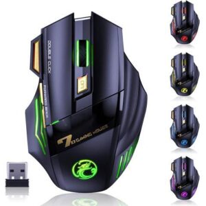 2.4G RF Wireless Gaming Mouse, Rechargeable Silent Wireless Mouse with 3200DPI Adjustable, Double Click Key, Colorful RGB Lights, Computer Gaming Mice