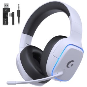 2.4GHz Wireless Gaming Headsets for PS5, PS4, PC, Switch - Bluetooth 5.3 Gaming Headphones with Noise Canceling Mic, 7.1 Surround Sound, 70H Battery, Blue Lighting - White