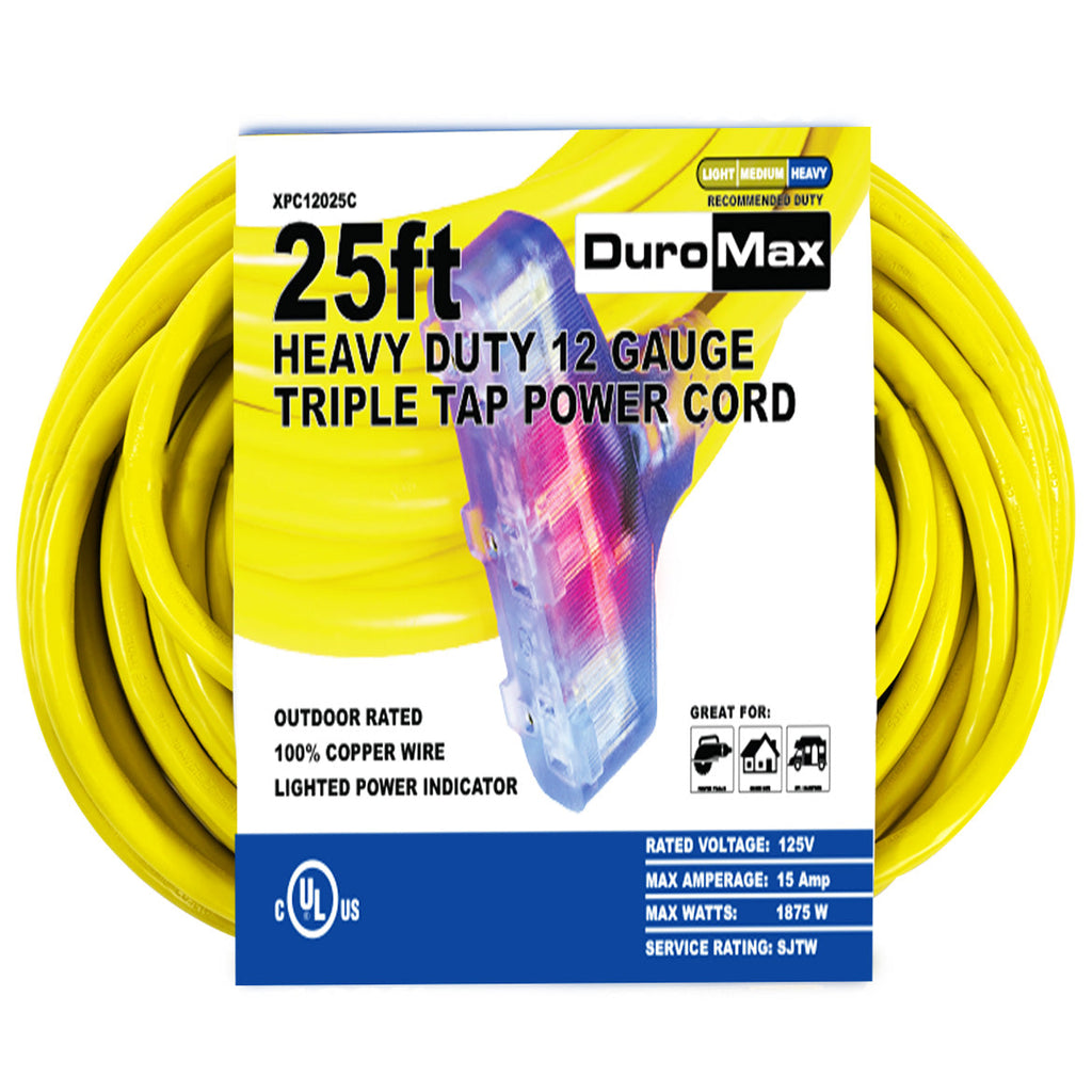 25-Foot 12 Gauge Triple Tap Extension Power Cord