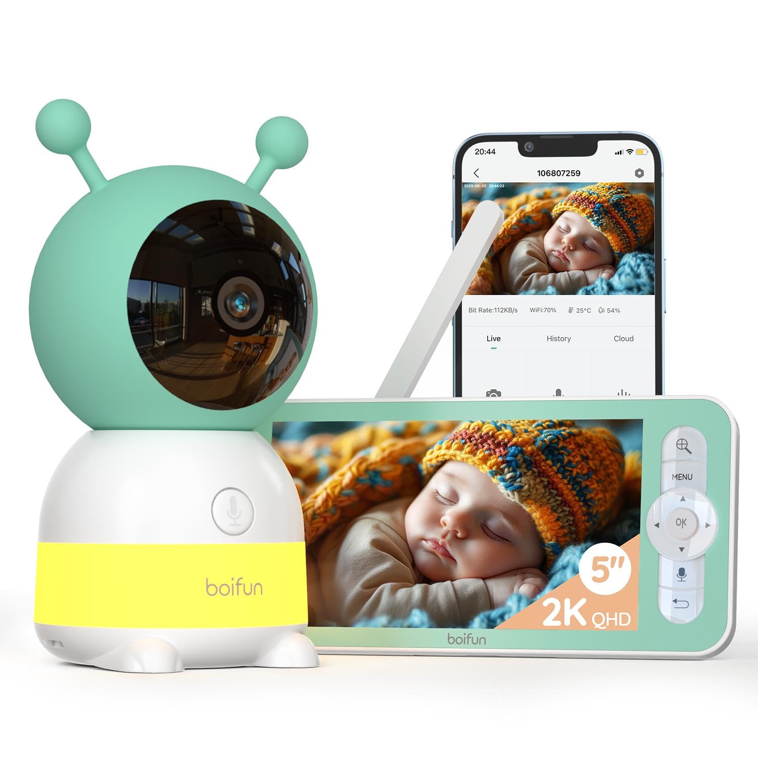 2K BOIFUN Baby Monitor WiFi, 5 Inch 3MP Display & 360° Camera with Night Light, Phone App Control & LCD Monitor, Auto Tracking, AI Motion & Sound Detection, 3000mAh Battery,...