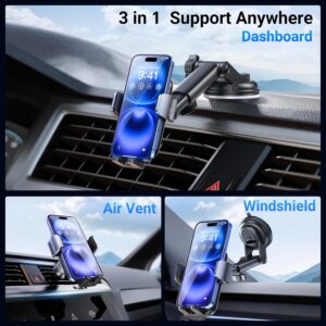 3-in-1 Car Phone Holder [122+LBS Strongest Suction & Stable Clamp Arm] 360° Adjustable Car Phone Mount, Cell Phone Holders for Your Car for Dashboard Vent, All Smartphones & Car...