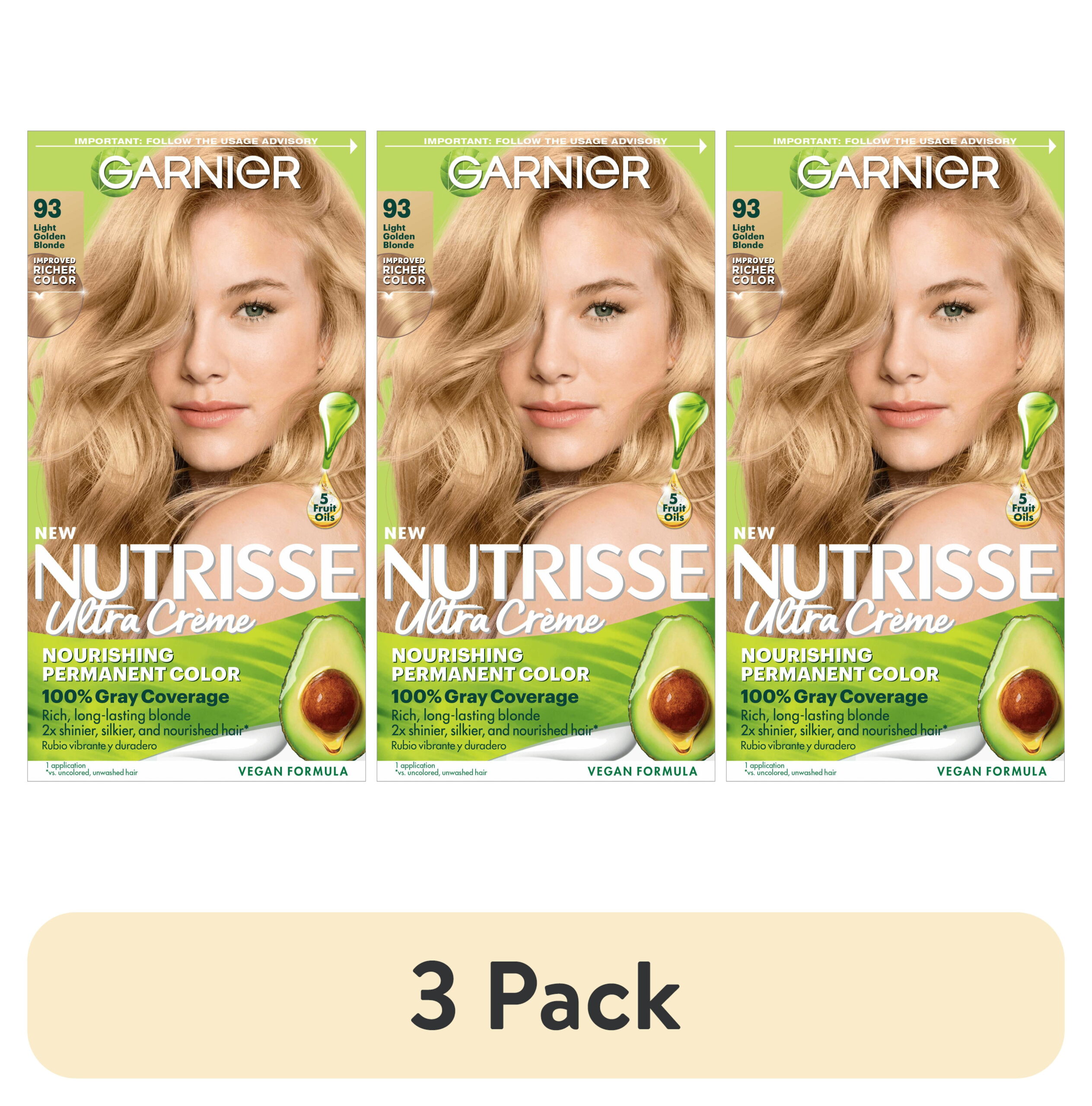 (3 pack) Garnier Nutrisse Nourishing Hair Color Creme, 093 Light Golden Blonde Honey Butter