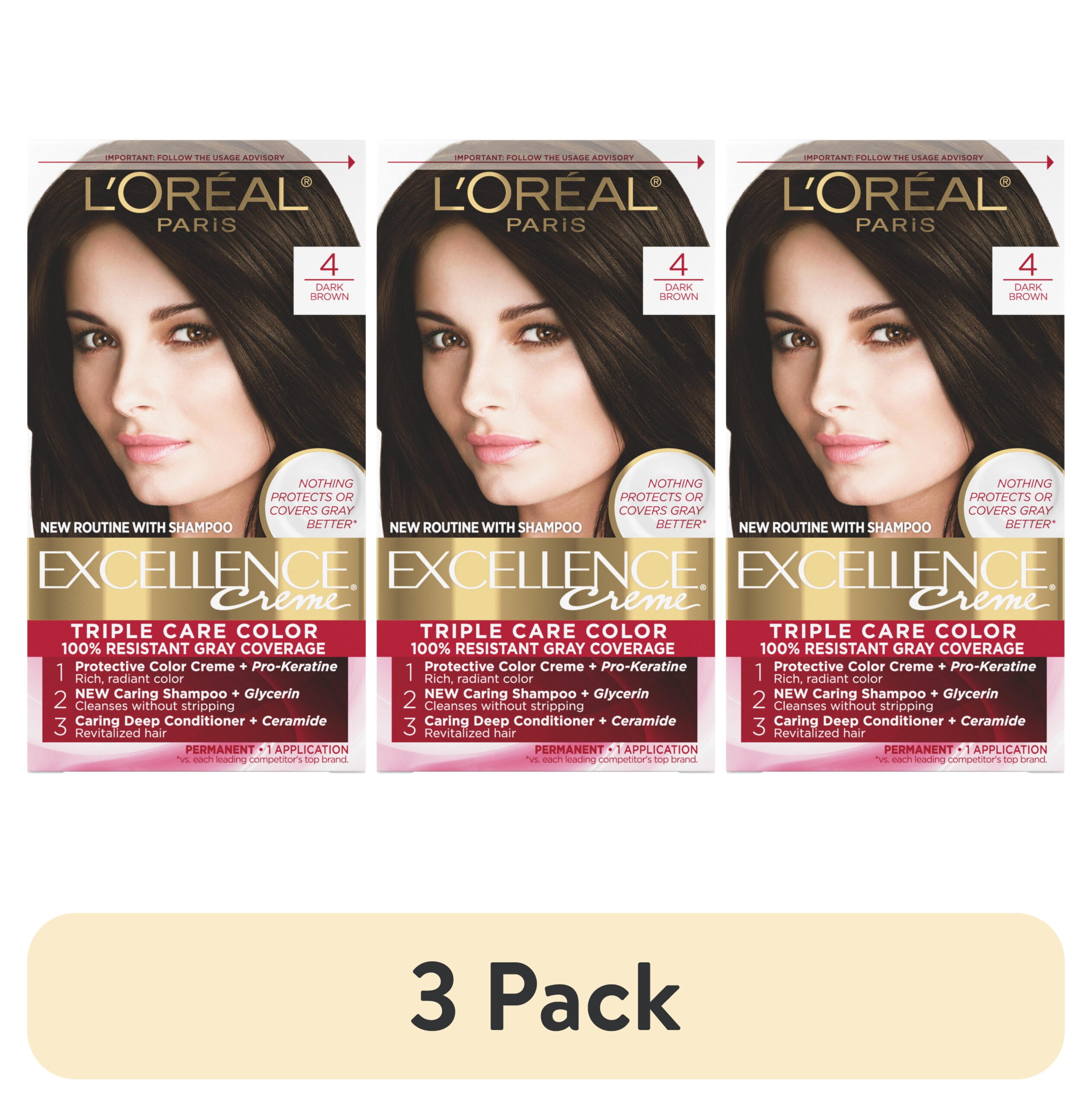 (3 pack) L'Oreal Paris Excellence Creme Permanent Hair Color, 4 Dark Brown, 100 Percent Gray Coverage, 1 Kit