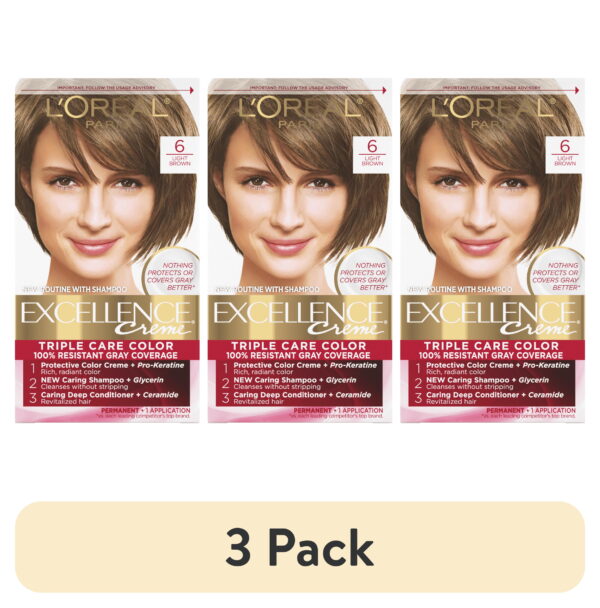 (3 pack) L'Oreal Paris Excellence Creme Permanent Hair Color, 6 Light Brown, 1 Kit (3 pack) L'Oreal Paris Excellence Creme Permanent Hair Color, 6 Light Brown, 1 Kit