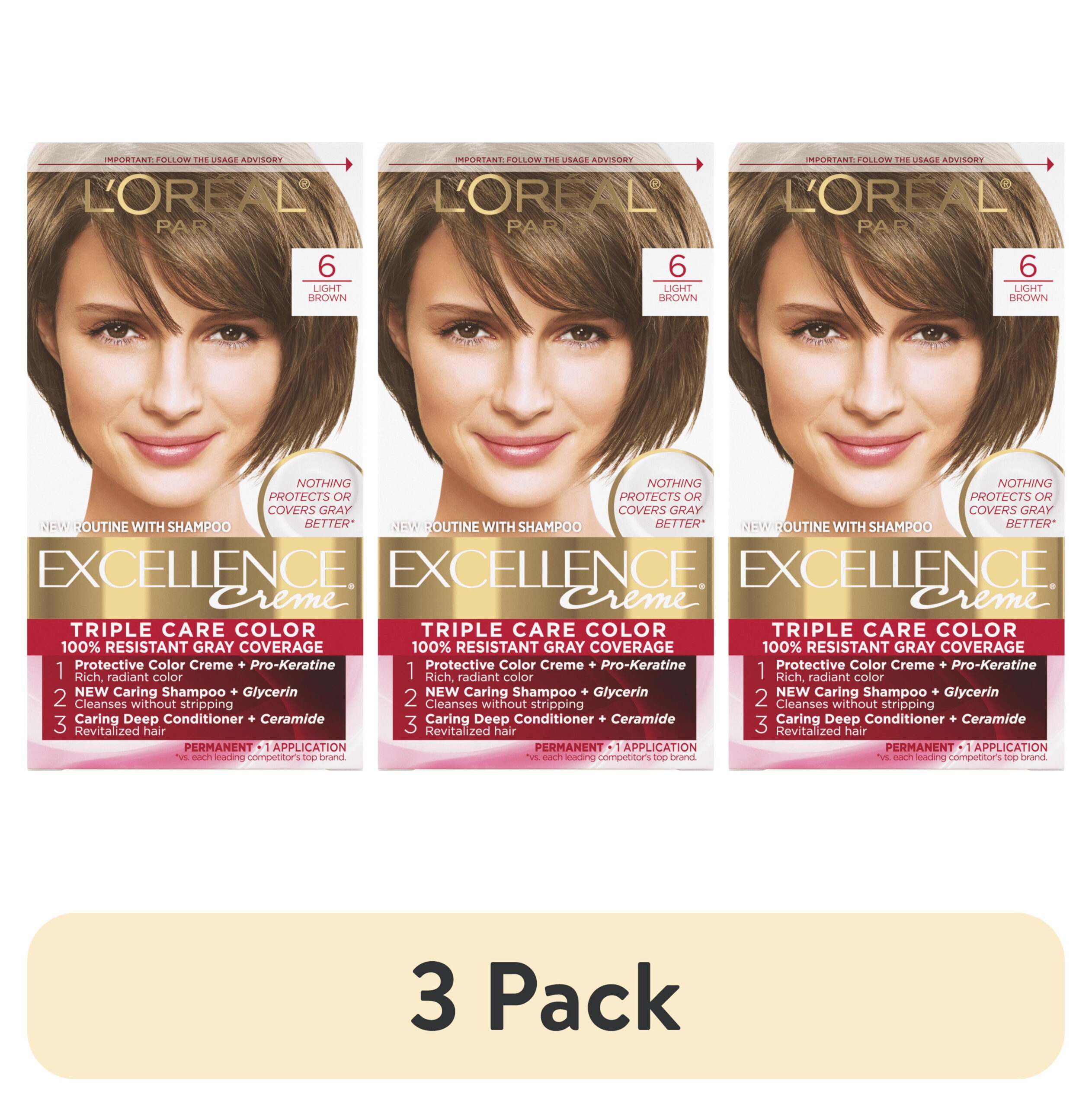 (3 pack) L'Oreal Paris Excellence Creme Permanent Hair Color, 6 Light Brown, 1 Kit
