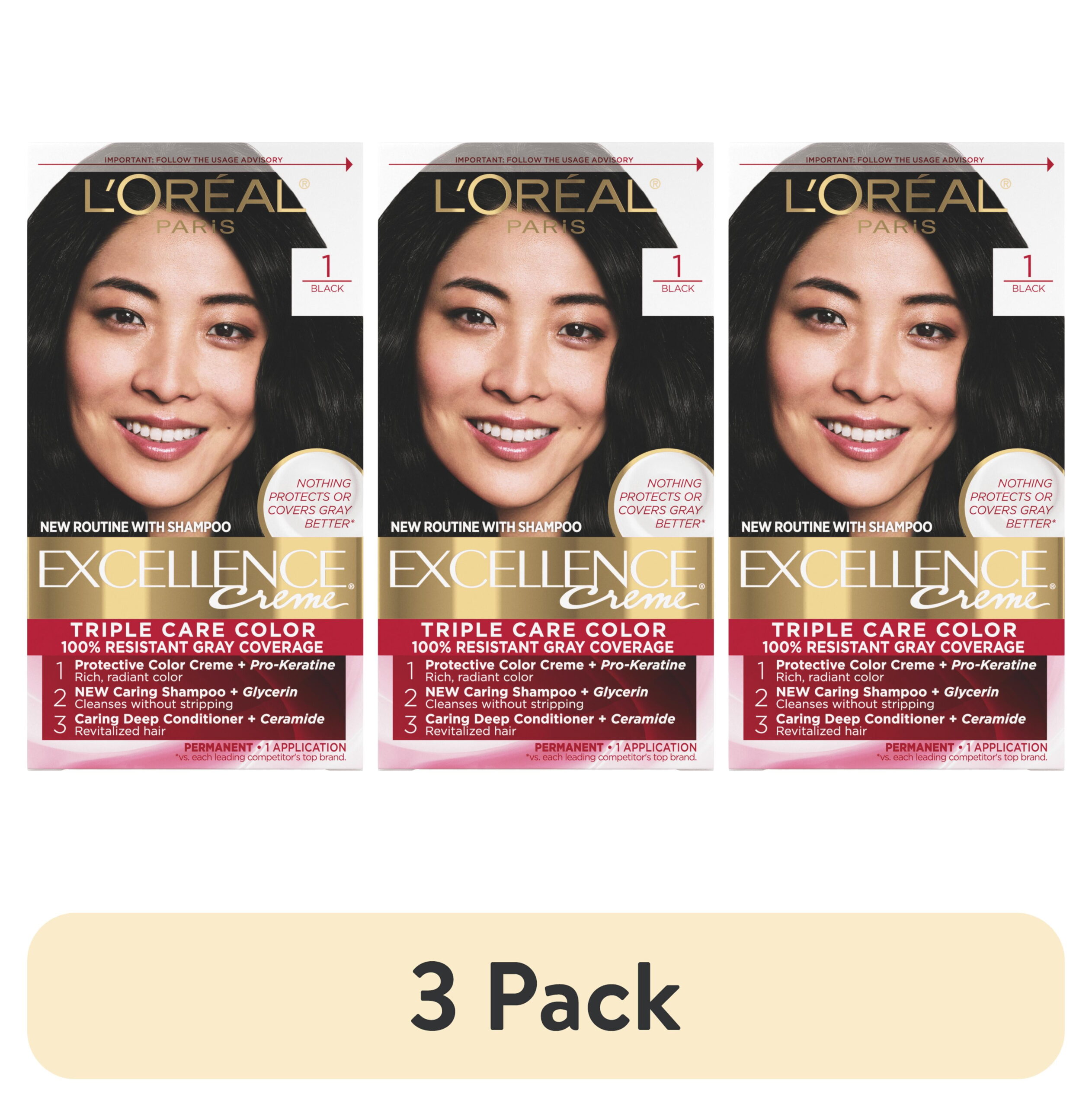 (3 pack) L'Oreal Paris Excellence Creme Permanent Hair Color, Black, 1 kit
