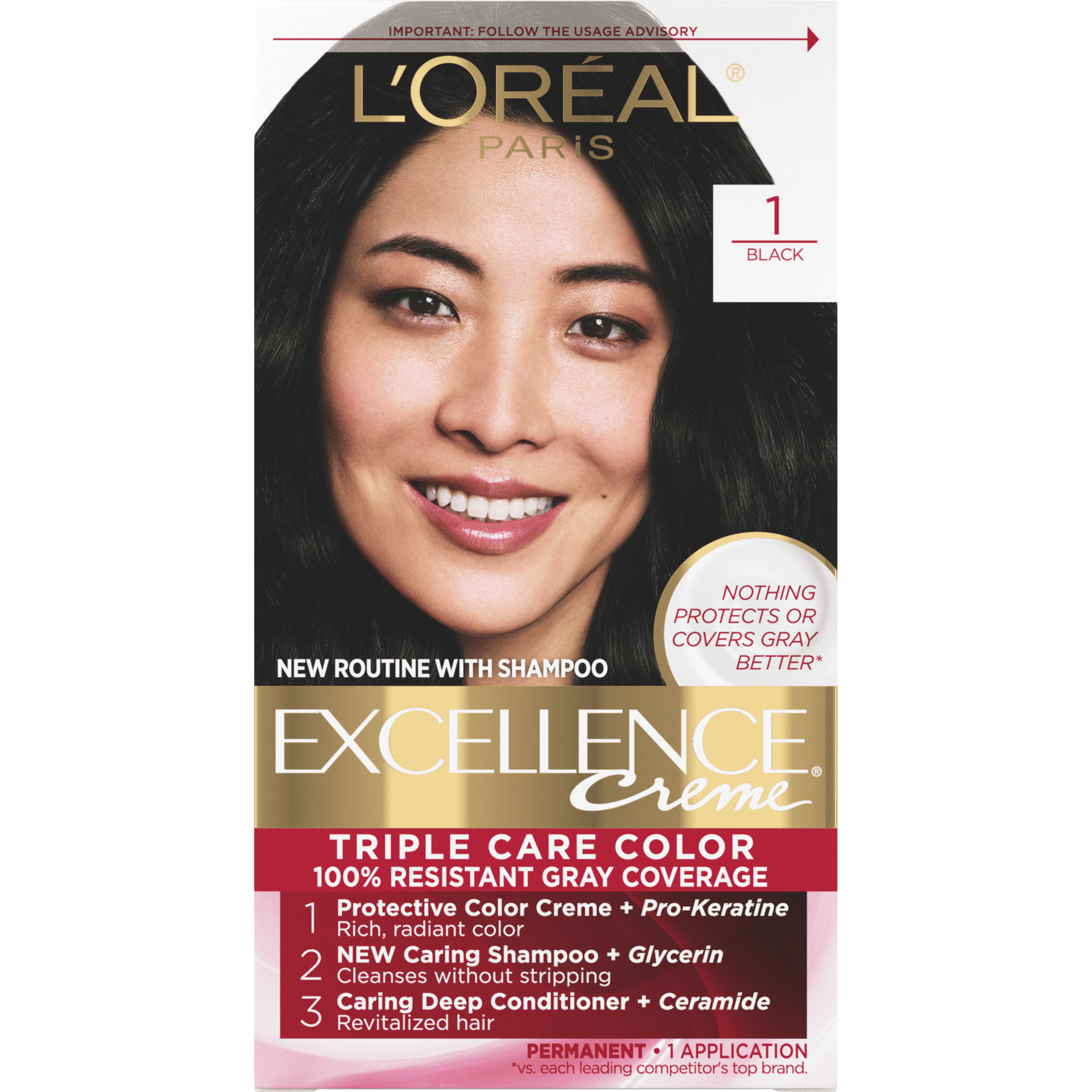 (3 pack) L'Oreal Paris Excellence Creme Permanent Hair Color, Black, 1 kit