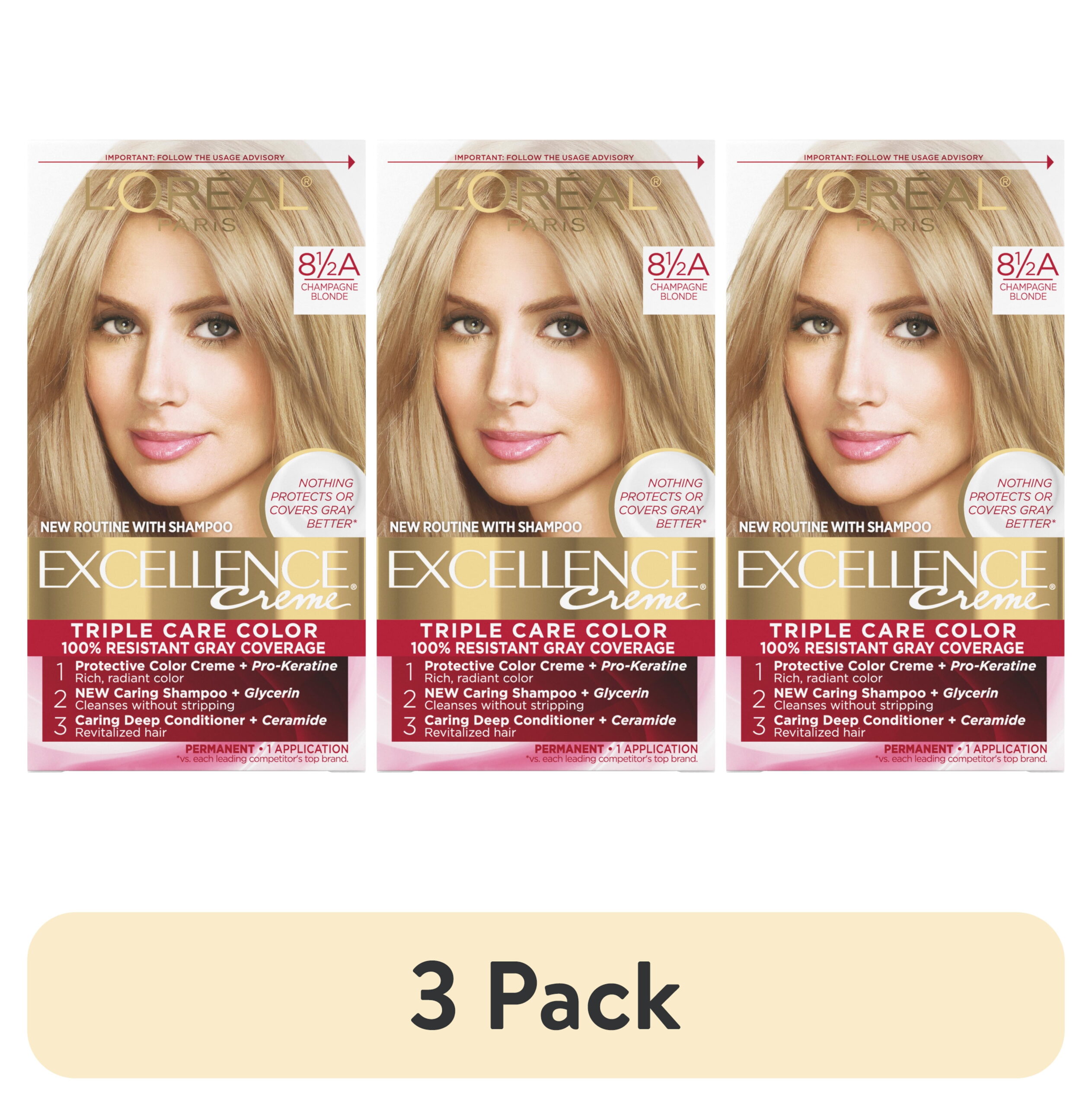 (3 pack) L'Oreal Paris Excellence Creme Permanent Hair Color, Triple Protection, 8.5A Champagne Blonde, 1 Kit
