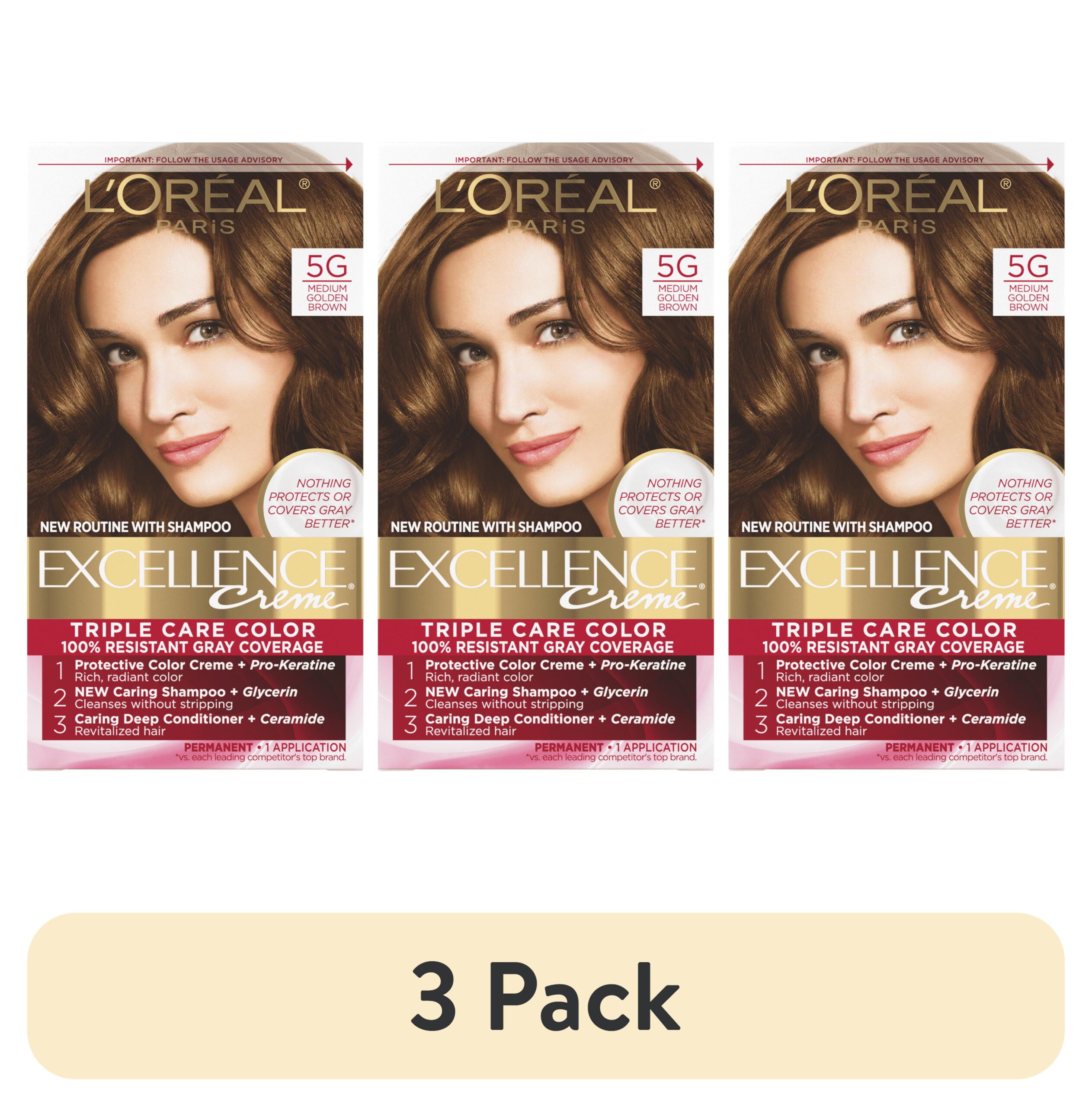 (3 pack) L'Oreal Paris Excellence Creme Permanent Triple Care Hair Color, Medium Golden Brown, 1 Kit
