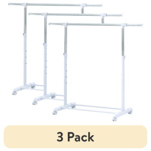 (3 pack) Mainstays Adjustable Rolling Garment Rack Metal Chrome, White, 84-121Wx44Dx123.5-163Hcm