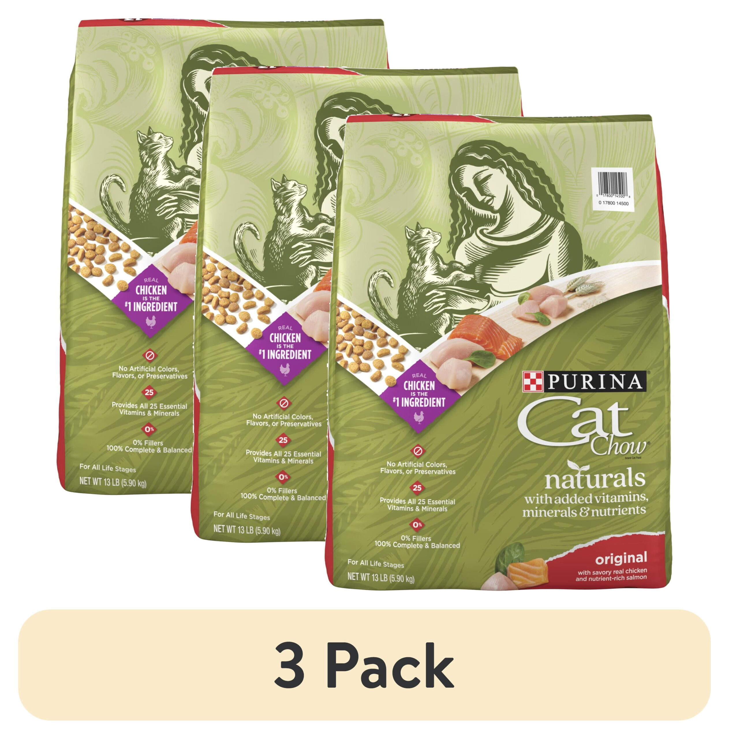 (3 pack) Purina Cat Chow Naturals, Dry Cat Food, Chicken & Salmon, 13 lb Bag