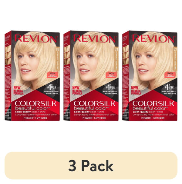 (3 pack) Revlon ColorSilk Permanent Hair Color, Bond Repair Complex, 03 Ultra Light Sun Blonde, 1 pack (3 pack) Revlon ColorSilk Permanent Hair Color, Bond Repair Complex, 03 Ultra Light Sun Blonde, 1 pack