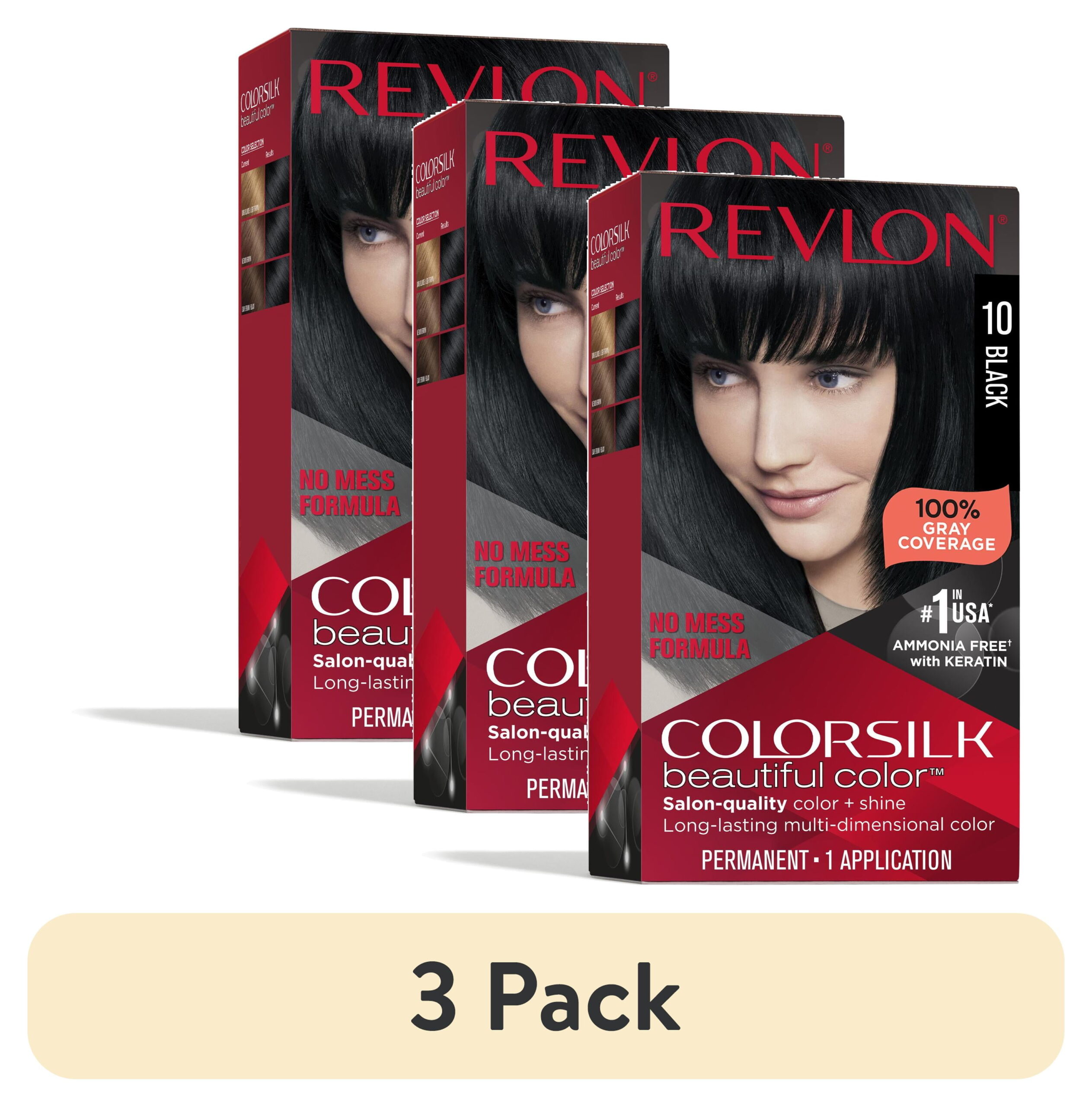 (3 pack) Revlon ColorSilk Permanent Hair Color, Bond Repair Complex, 10 Black, 1 pack