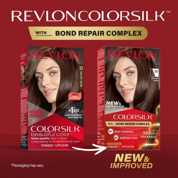 (3 pack) Revlon ColorSilk Permanent Hair Color, Bond Repair Complex, 33 Dark Soft Brown, 1 pack