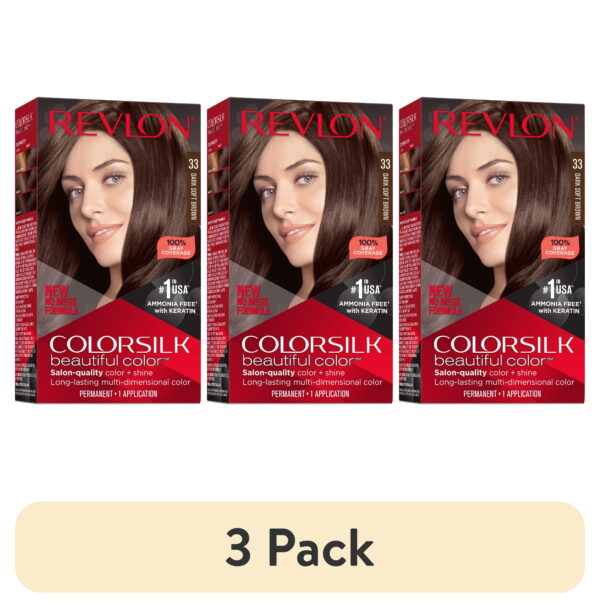 (3 pack) Revlon ColorSilk Permanent Hair Color, Bond Repair Complex, 33 Dark Soft Brown, 1 pack (3 pack) Revlon ColorSilk Permanent Hair Color, Bond Repair Complex, 33 Dark Soft Brown, 1 pack