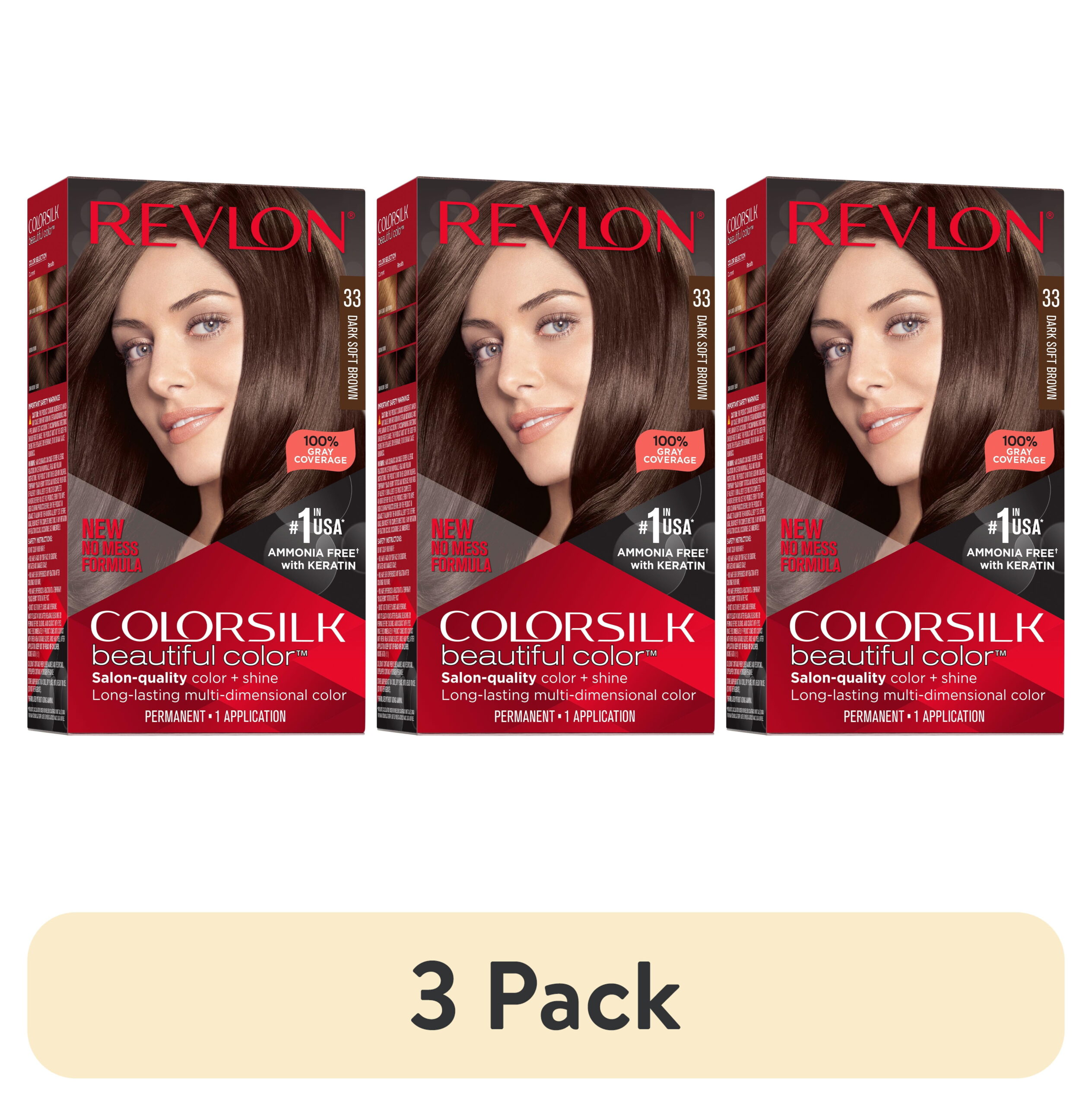 (3 pack) Revlon ColorSilk Permanent Hair Color, Bond Repair Complex, 33 Dark Soft Brown, 1 pack