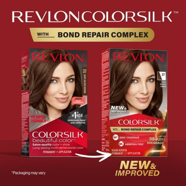 (3 pack) Revlon ColorSilk Permanent Hair Color, Bond Repair Complex, 37 Dark Golden Brown, 1 pack