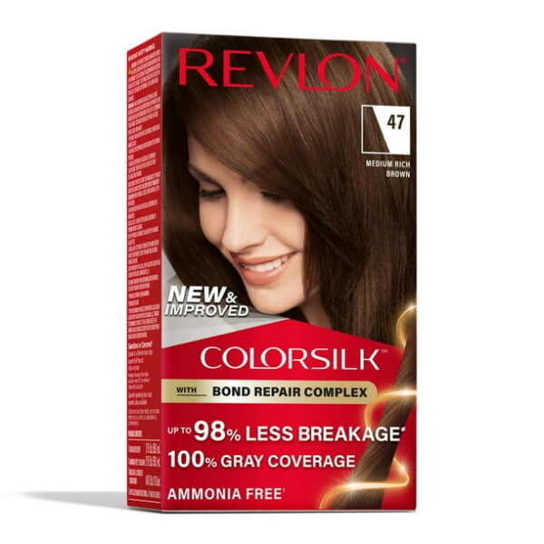 (3 pack) Revlon ColorSilk Permanent Hair Color, Bond Repair Complex, 47 Medium Rich Brown, 1 pack