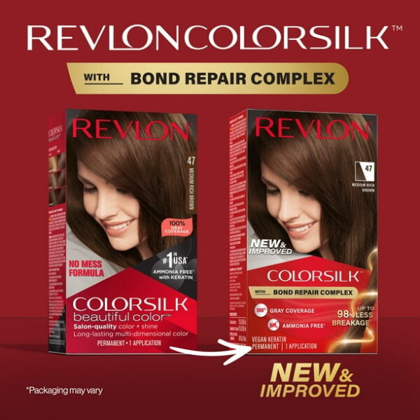 (3 pack) Revlon ColorSilk Permanent Hair Color, Bond Repair Complex, 47 Medium Rich Brown, 1 pack
