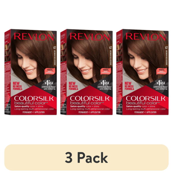 (3 pack) Revlon ColorSilk Permanent Hair Color, Bond Repair Complex, 47 Medium Rich Brown, 1 pack (3 pack) Revlon ColorSilk Permanent Hair Color, Bond Repair Complex, 47 Medium Rich Brown, 1 pack