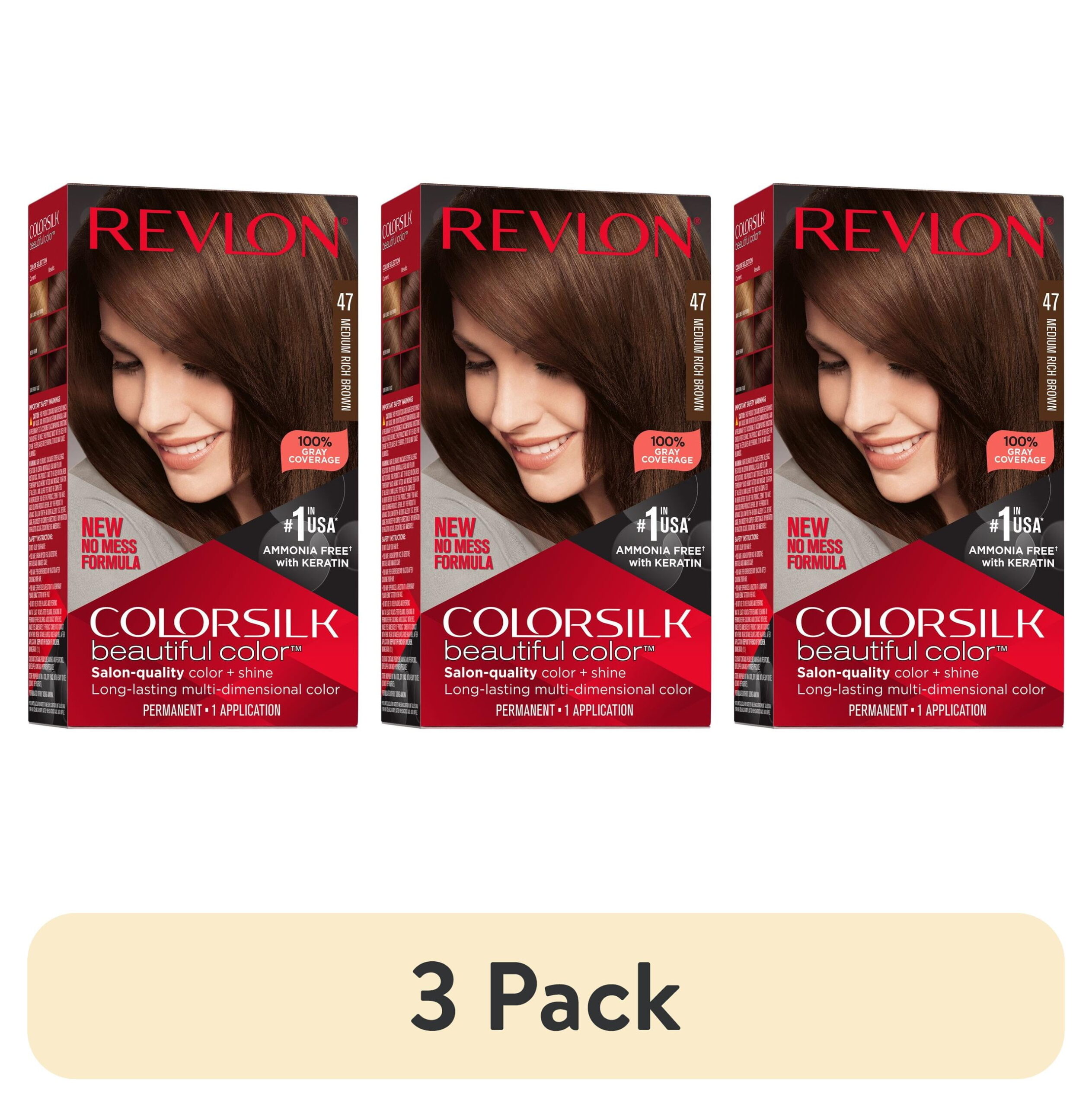 (3 pack) Revlon ColorSilk Permanent Hair Color, Bond Repair Complex, 47 Medium Rich Brown, 1 pack