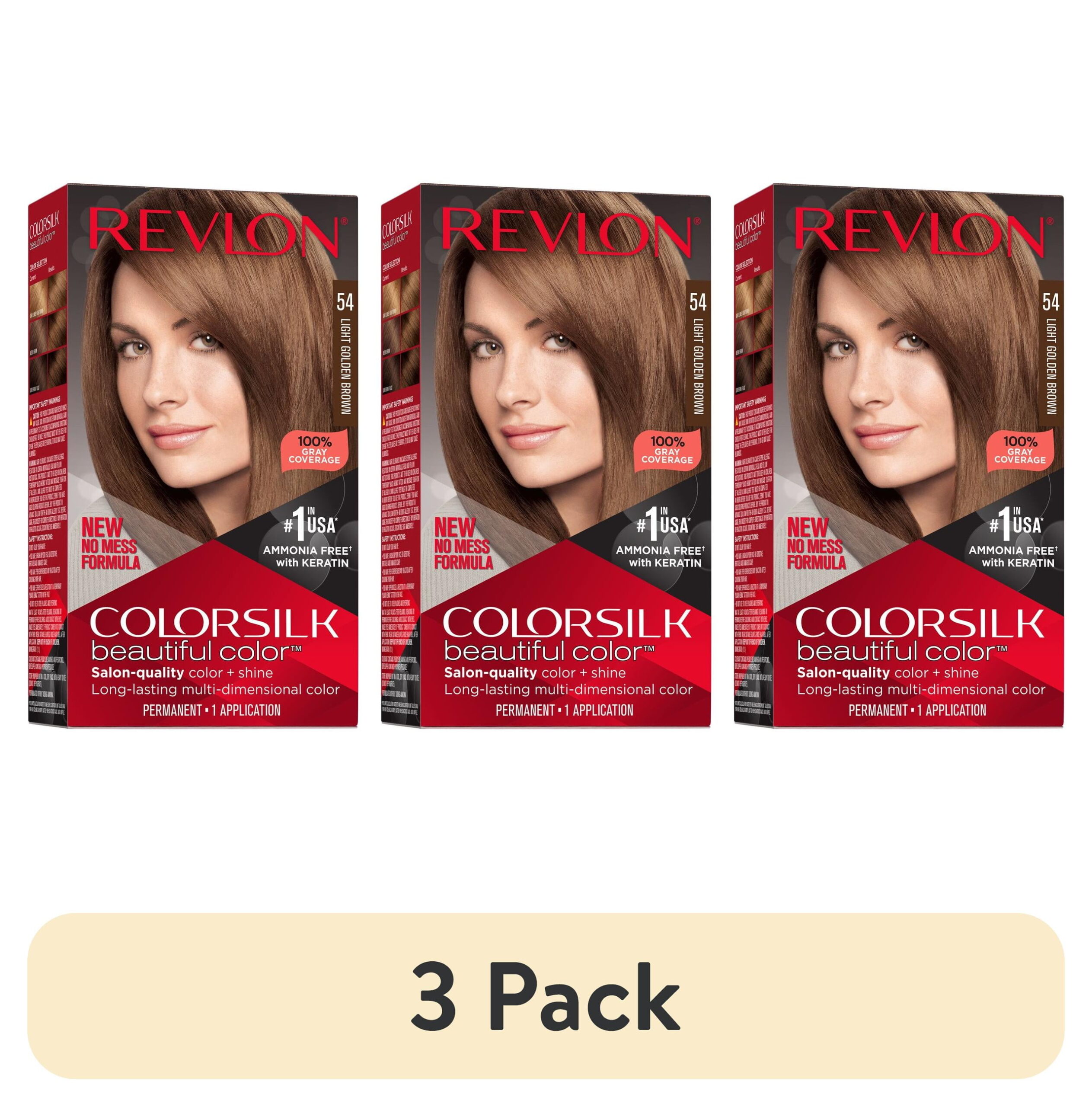 (3 pack) Revlon ColorSilk Permanent Hair Color, Bond Repair Complex, 54 Light Golden Brown, 1 pack