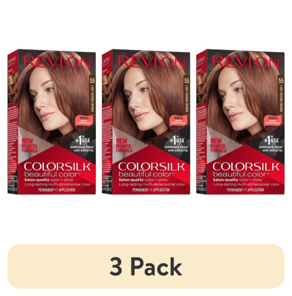 (3 pack) Revlon ColorSilk Permanent Hair Color, Bond Repair Complex, 55 Light Reddish Brown, 1 pack (3 pack) Revlon ColorSilk Permanent Hair Color, Bond Repair Complex, 55 Light Reddish Brown, 1 pack